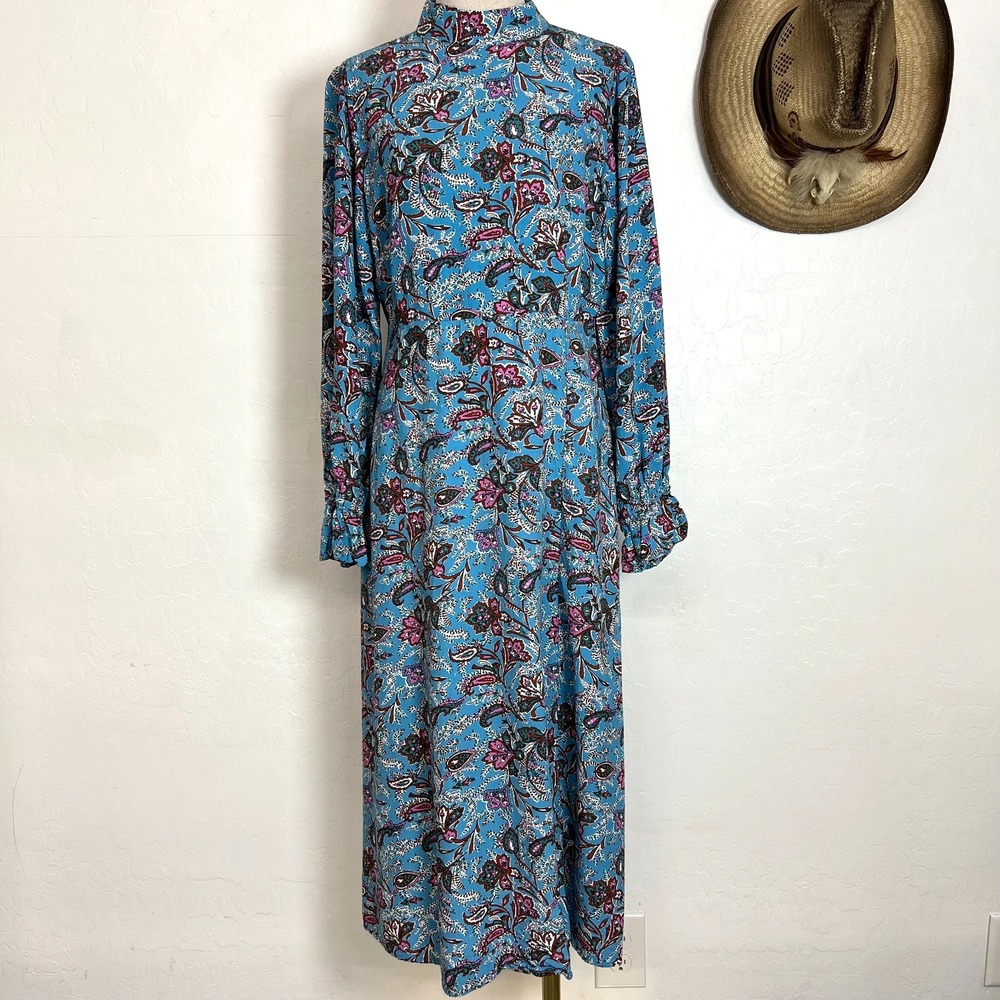 LOFT Mock Neck Midi Dress Blue Floral Paisley Long Smocked Cuff Sleeve 4